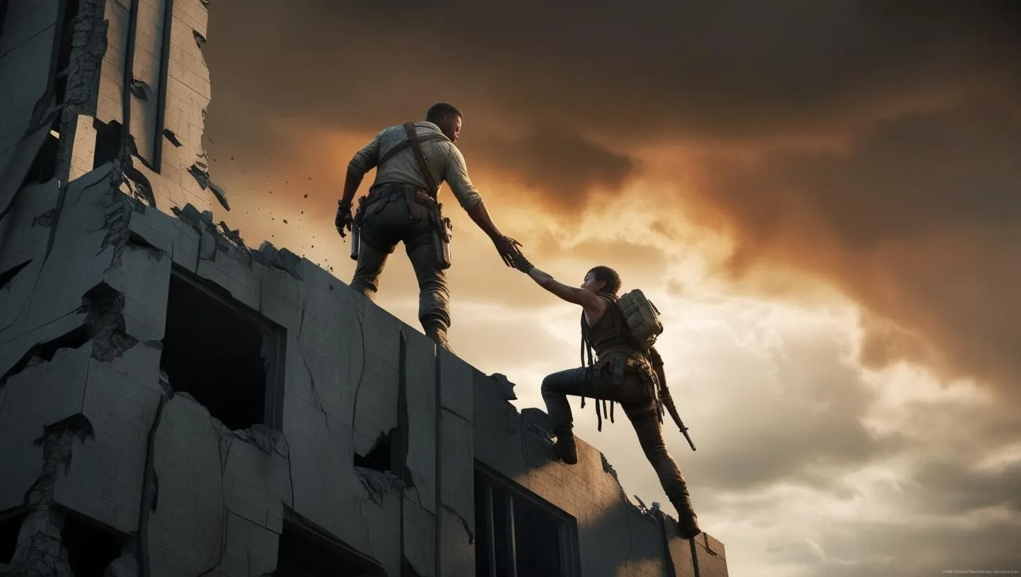 A figure on a crumbling rooftop reaches down to help another climb up, against a dramatic, cloudy sunset backdrop